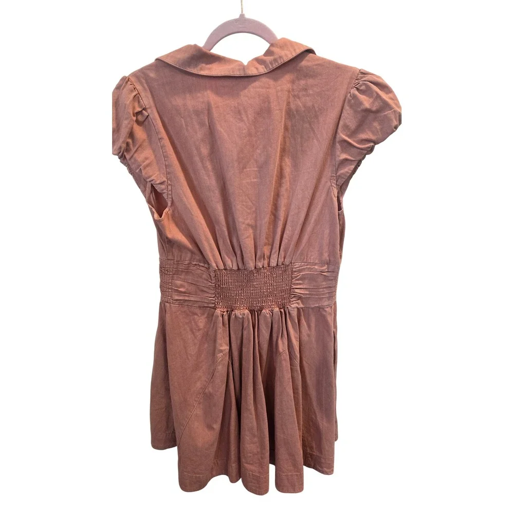 Free People Women Terracotta Cotton Button Front Puff Sleeve Mini Dress-M